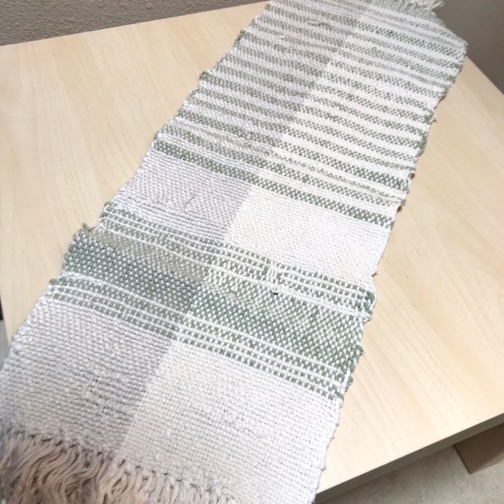 Handwoven Cotton Runner. Sage, Tan, Cream. Artisan Cotton. Wabi Sabi Farmhouse. - Picture 8 of 9